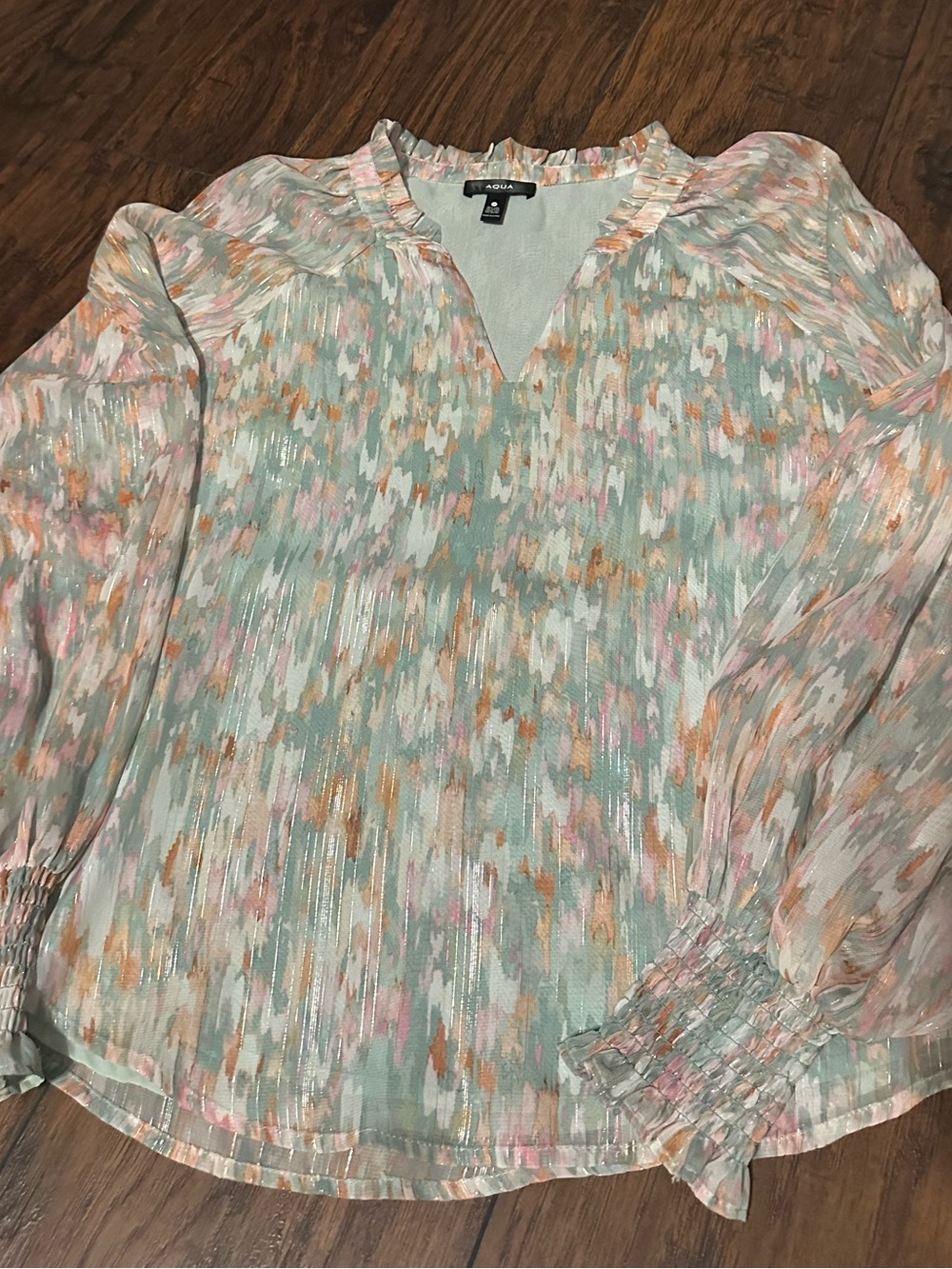 Aqua Mint and Pastel Multicolor Printed V-Neck Blouse